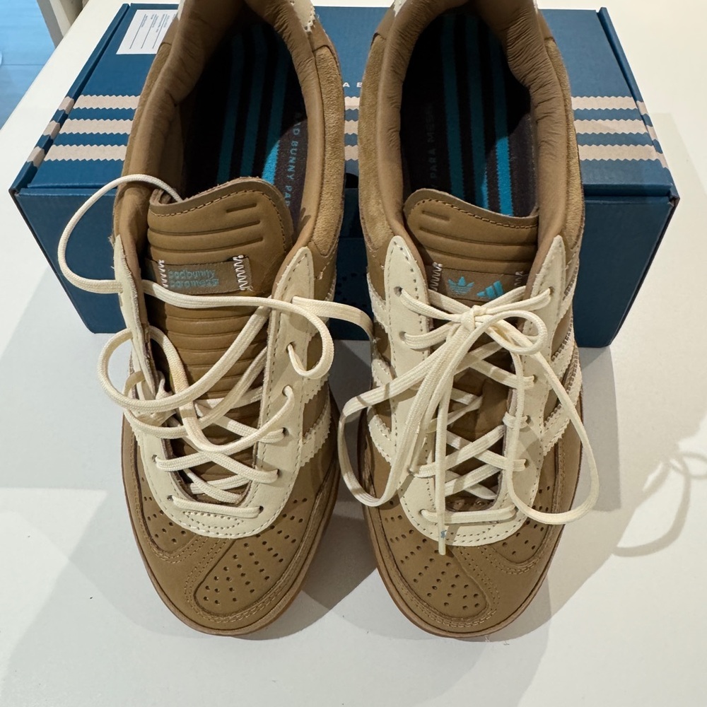 Adidas x Bad Bunny x Messi 
Gazelle Indoor
Tan and Cream Casual Sneakers